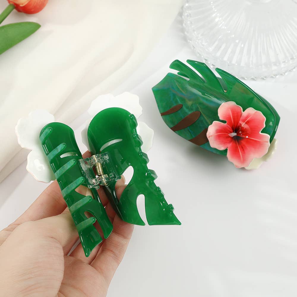 Hibiscus-Embellished Monstera Green Leaf Hair Clip,