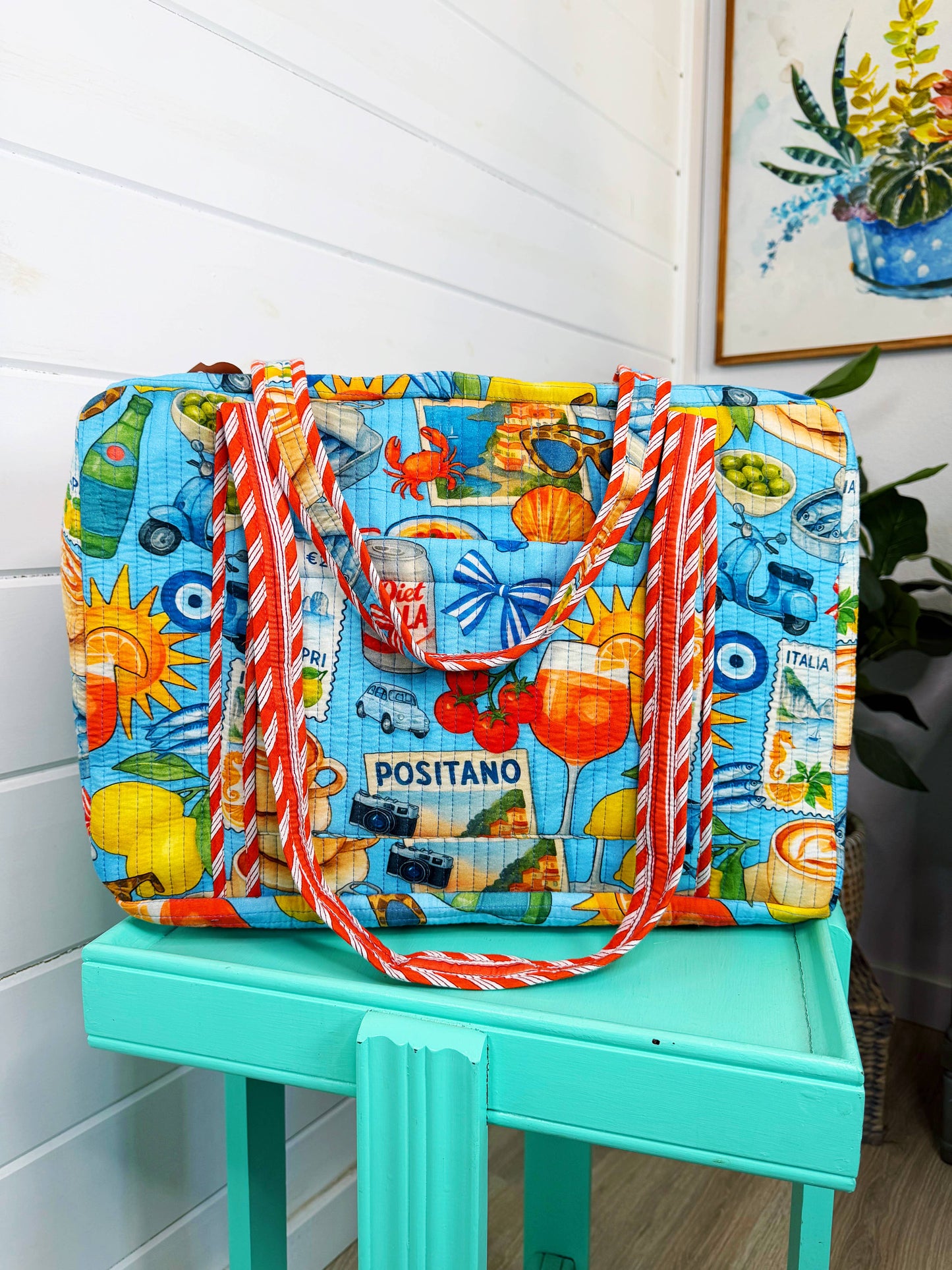 Blue Italian Getaway Handmade Quilted Weekender Duffle Bag