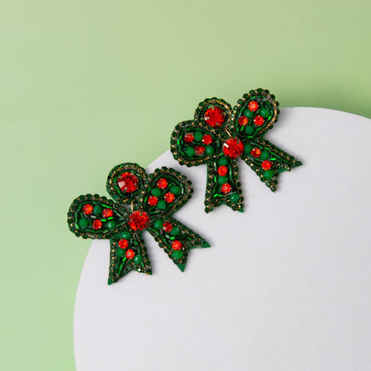 Holiday Christmas Bow Seed Beaded Post Dangle Earrings