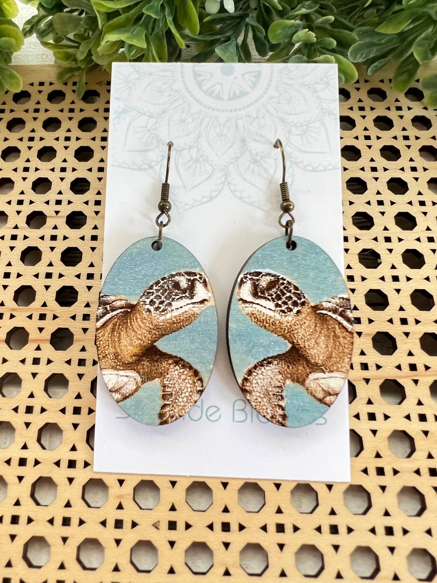 Turtle hand painted lightweight  maple wood earrings   