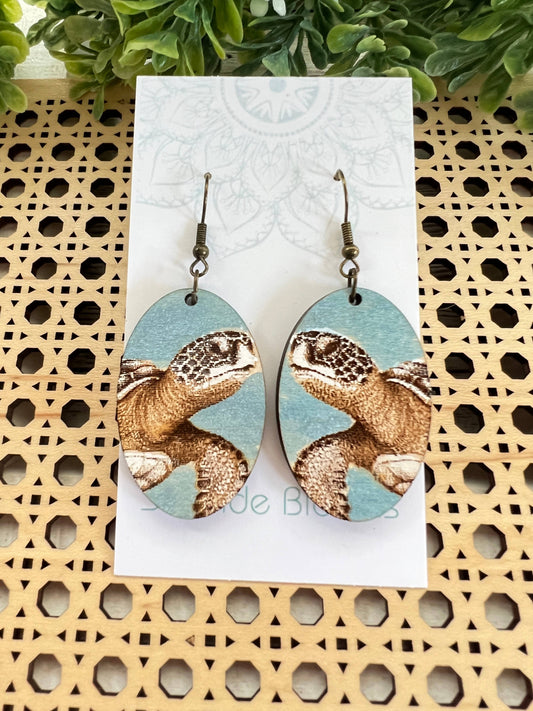 Turtle hand painted lightweight  maple wood earrings   