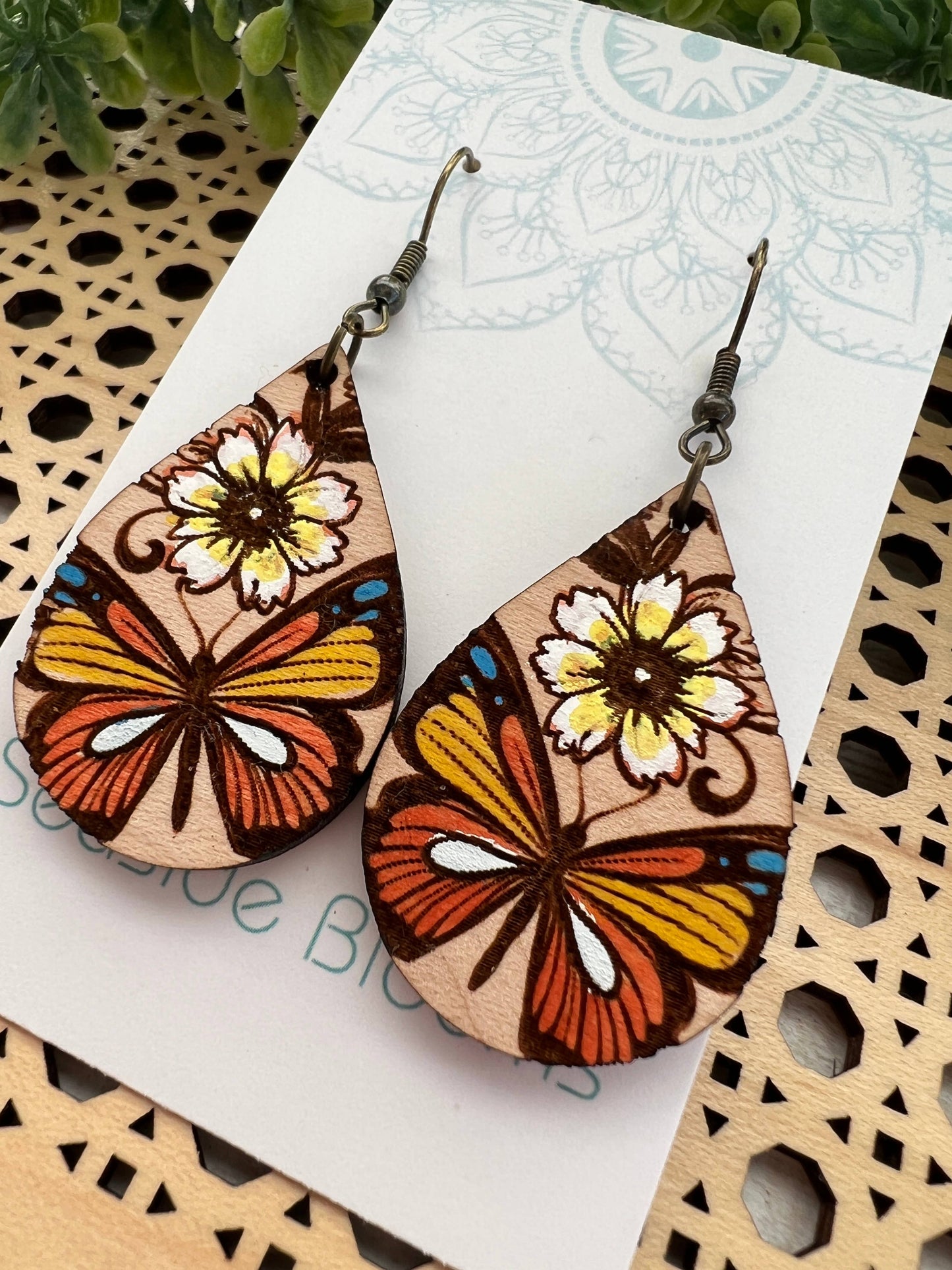 Butterfly hand painted lightweight  maple wood earrings  