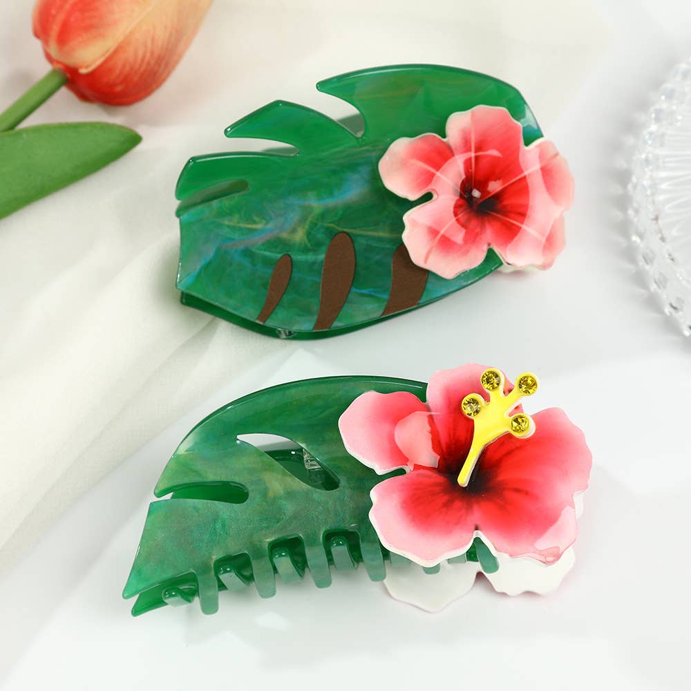 Hibiscus-Embellished Monstera Green Leaf Hair Clip,