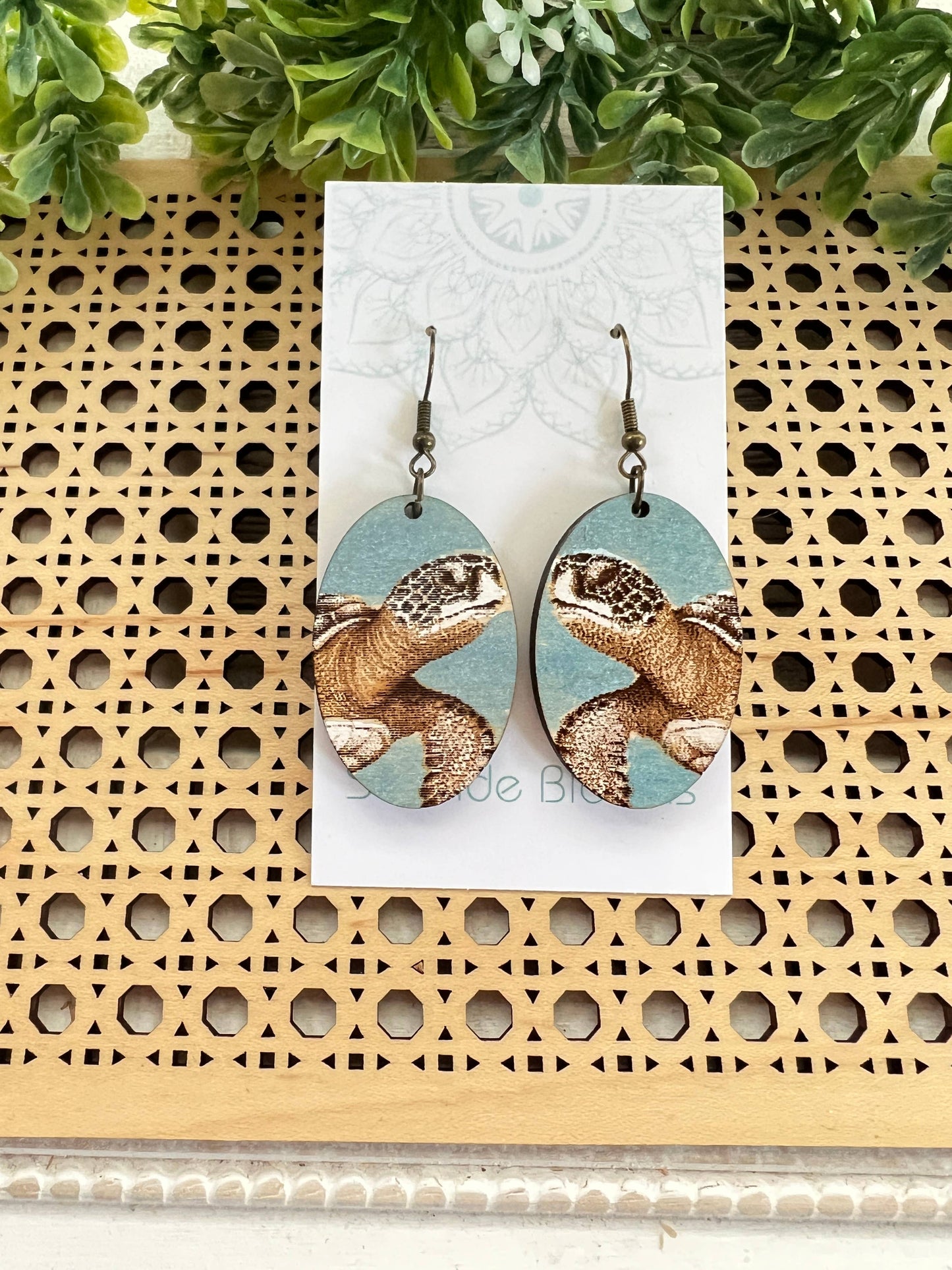 Turtle hand painted lightweight  maple wood earrings   
