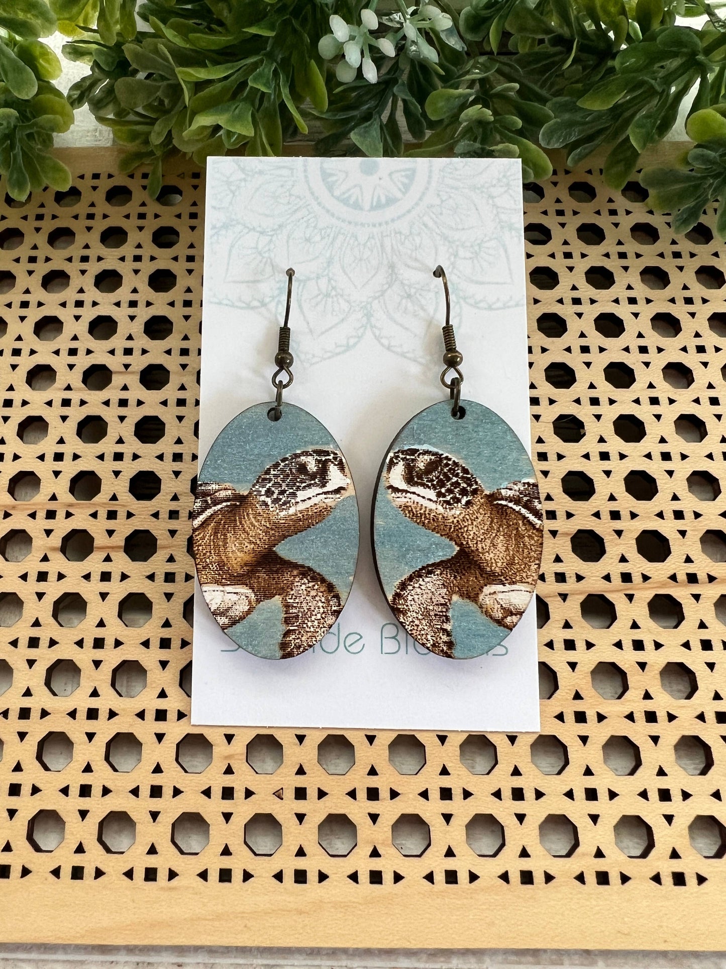 Turtle hand painted lightweight  maple wood earrings   