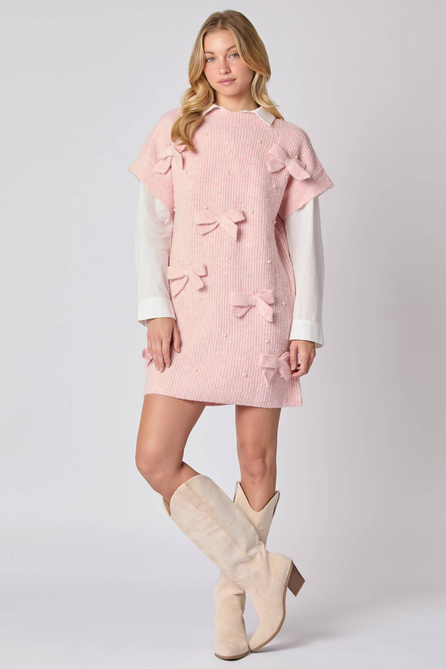 Bow & Pearl Embellished Detail Sweater Dress