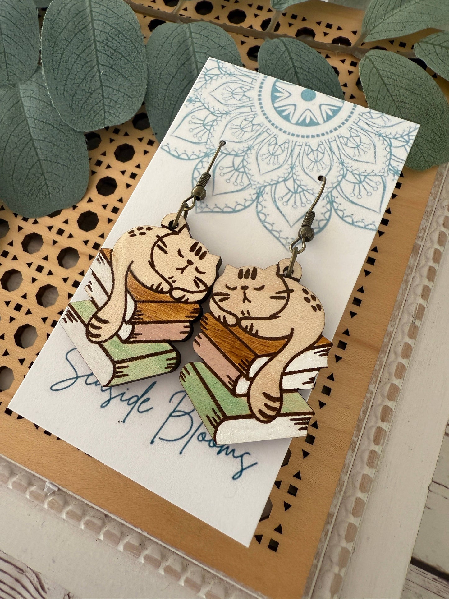 Cat Boho Hand painted lightweight maple earrings  
