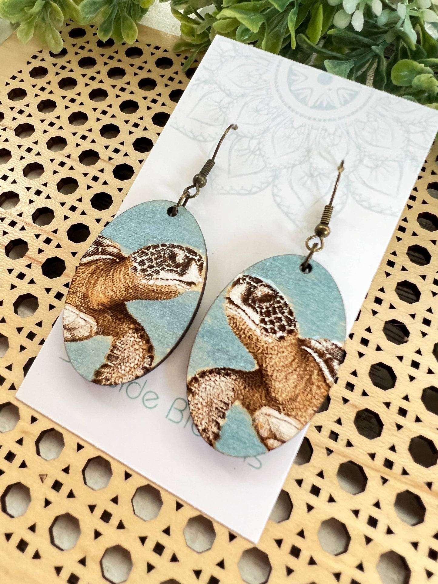Turtle hand painted lightweight  maple wood earrings   