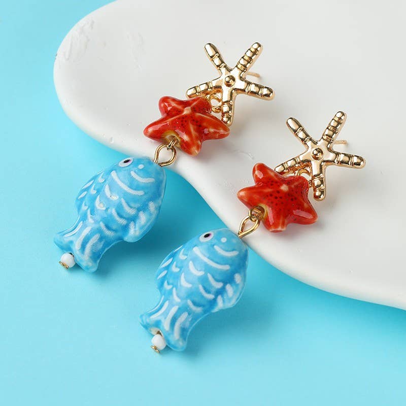 Under the Sea Ceramic Fish & Starfish Drop Earrings