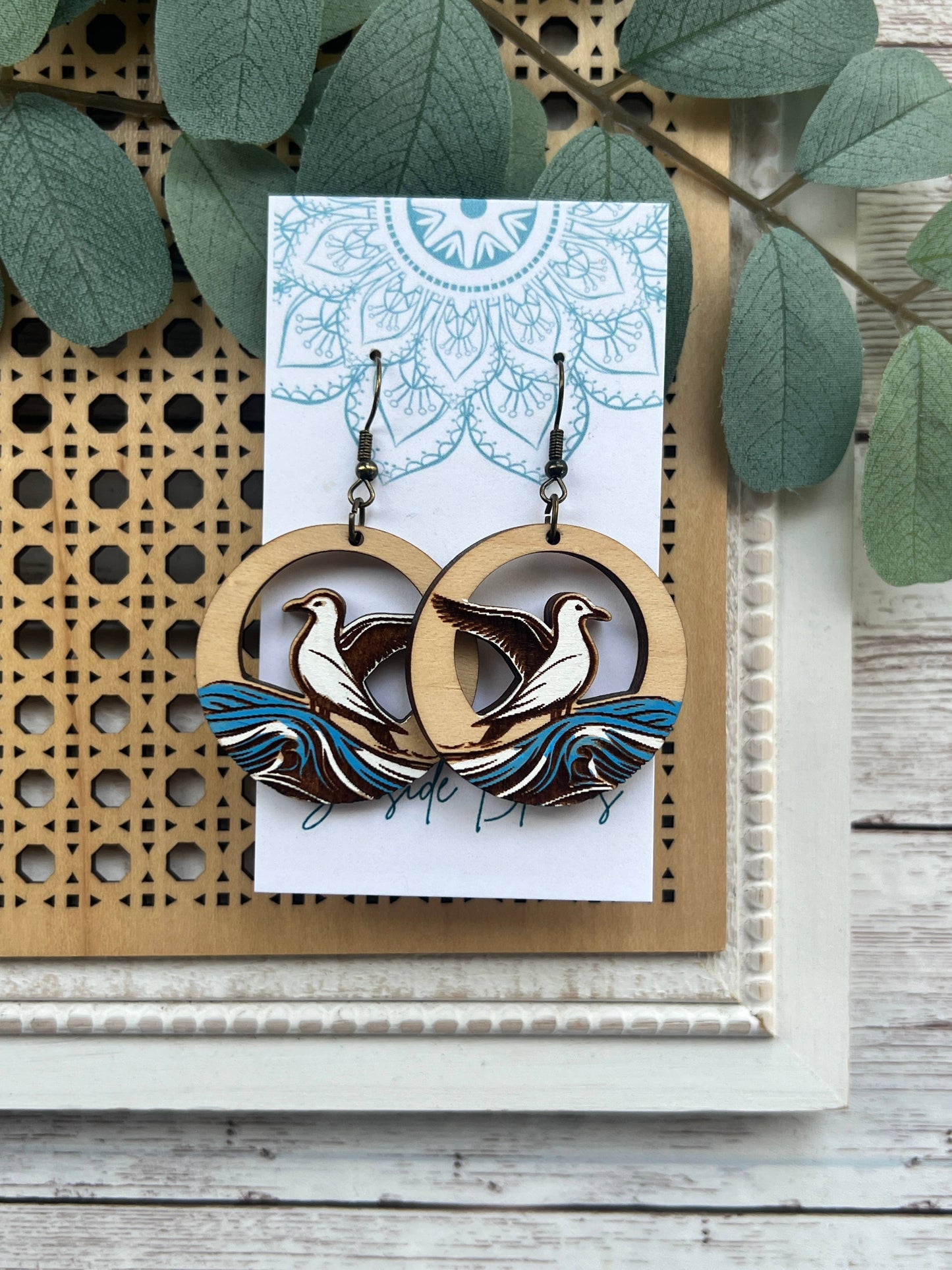 Boho seagull hand painted lightweight maple wood earrings  