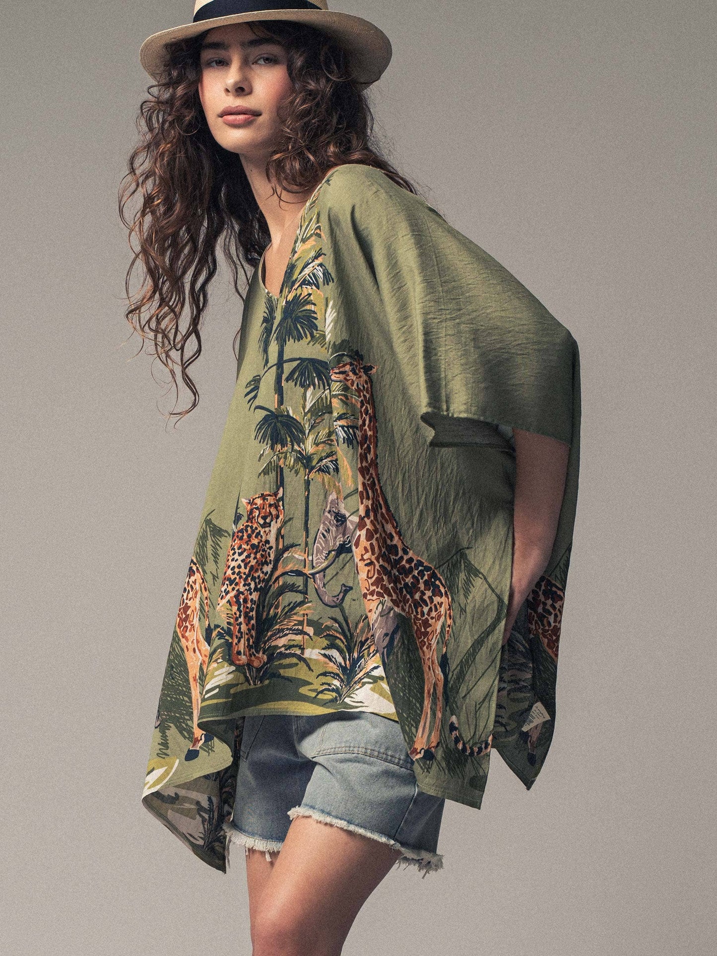 Safari Print V-Neck Poncho
