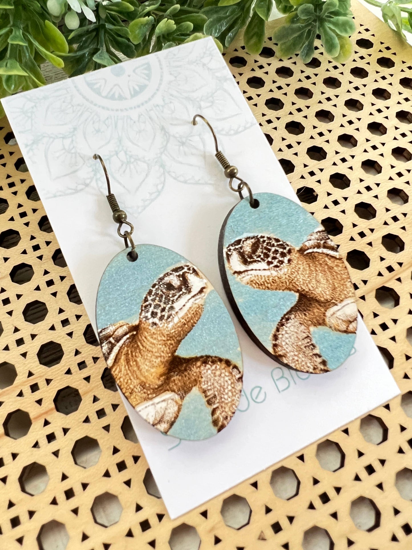 Turtle hand painted lightweight  maple wood earrings   