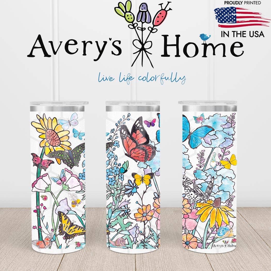 Garden Flowers, Butterflies, Gnomes Large USA Skinny Tumbler