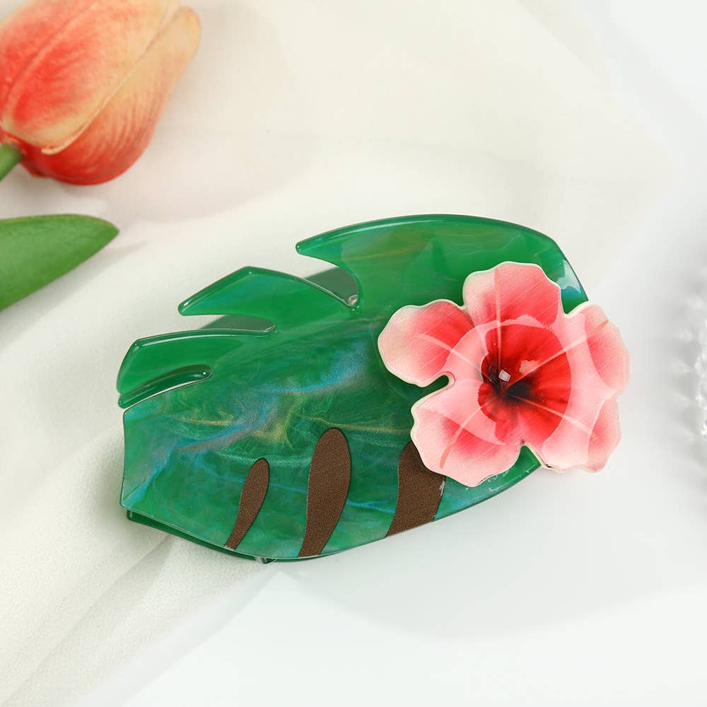 Hibiscus-Embellished Monstera Green Leaf Hair Clip,