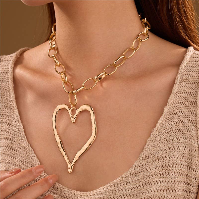 Statement Hammered Open Heart Necklace