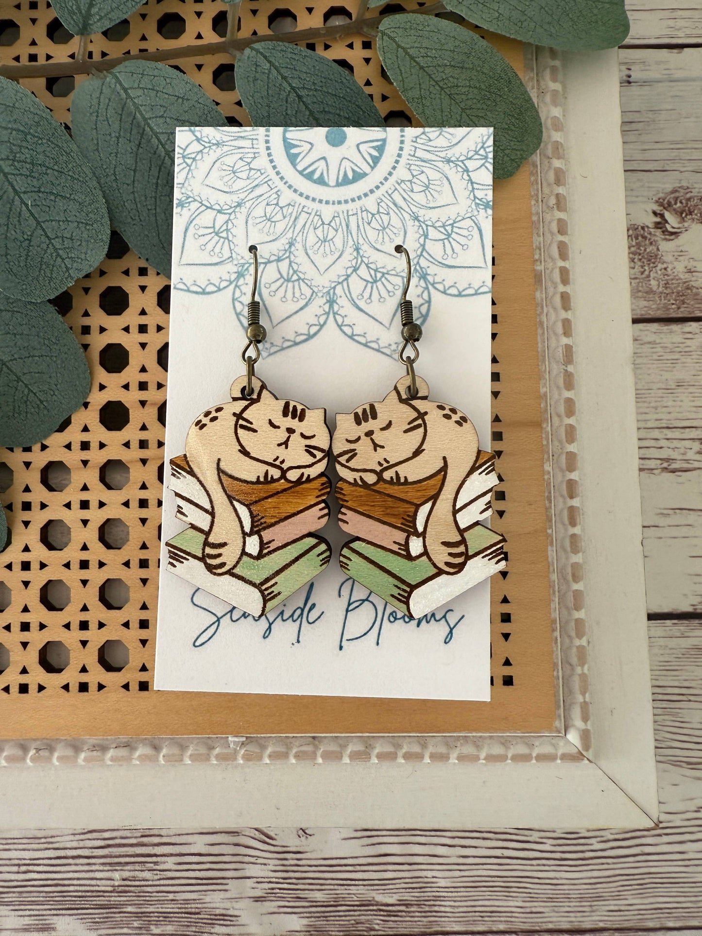 Cat Boho Hand painted lightweight maple earrings  