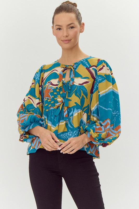 Print Bow Ties Peplum 3/4 Sleeves Top