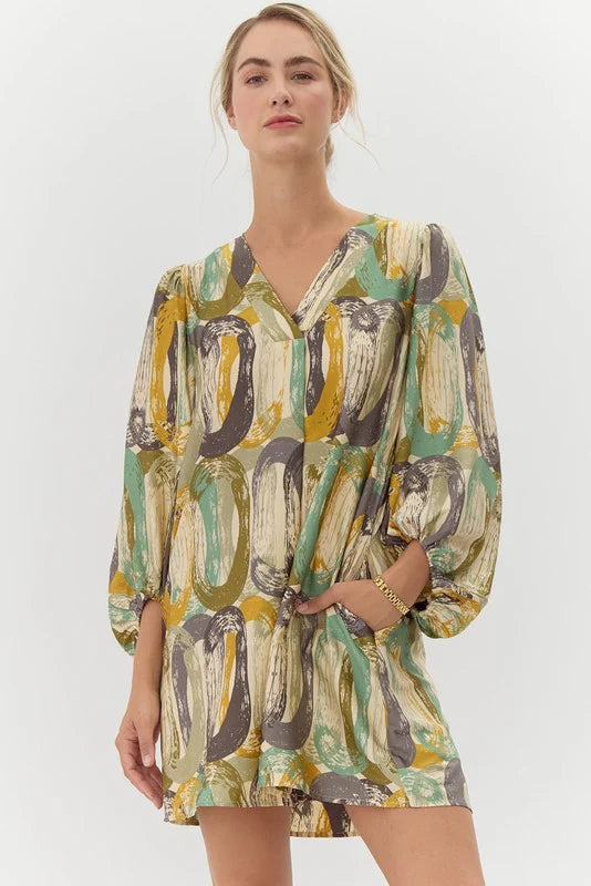 Abstract Print 3/4 Sleeves Dress