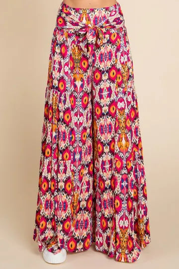 Geometric Print Waist Tie Palazzo Pants