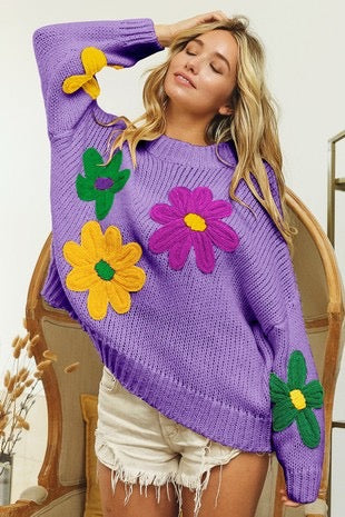 Mardi Gras Embroidered Flower Sweater