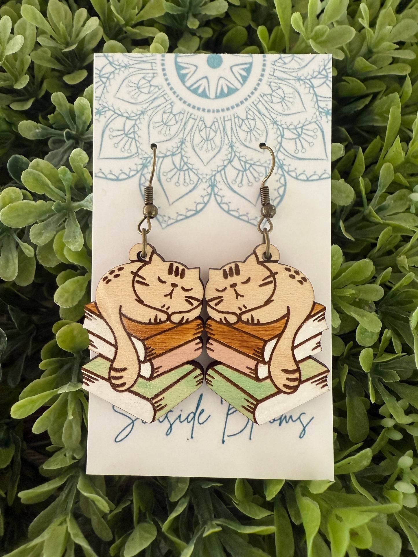 Cat Boho Hand painted lightweight maple earrings  
