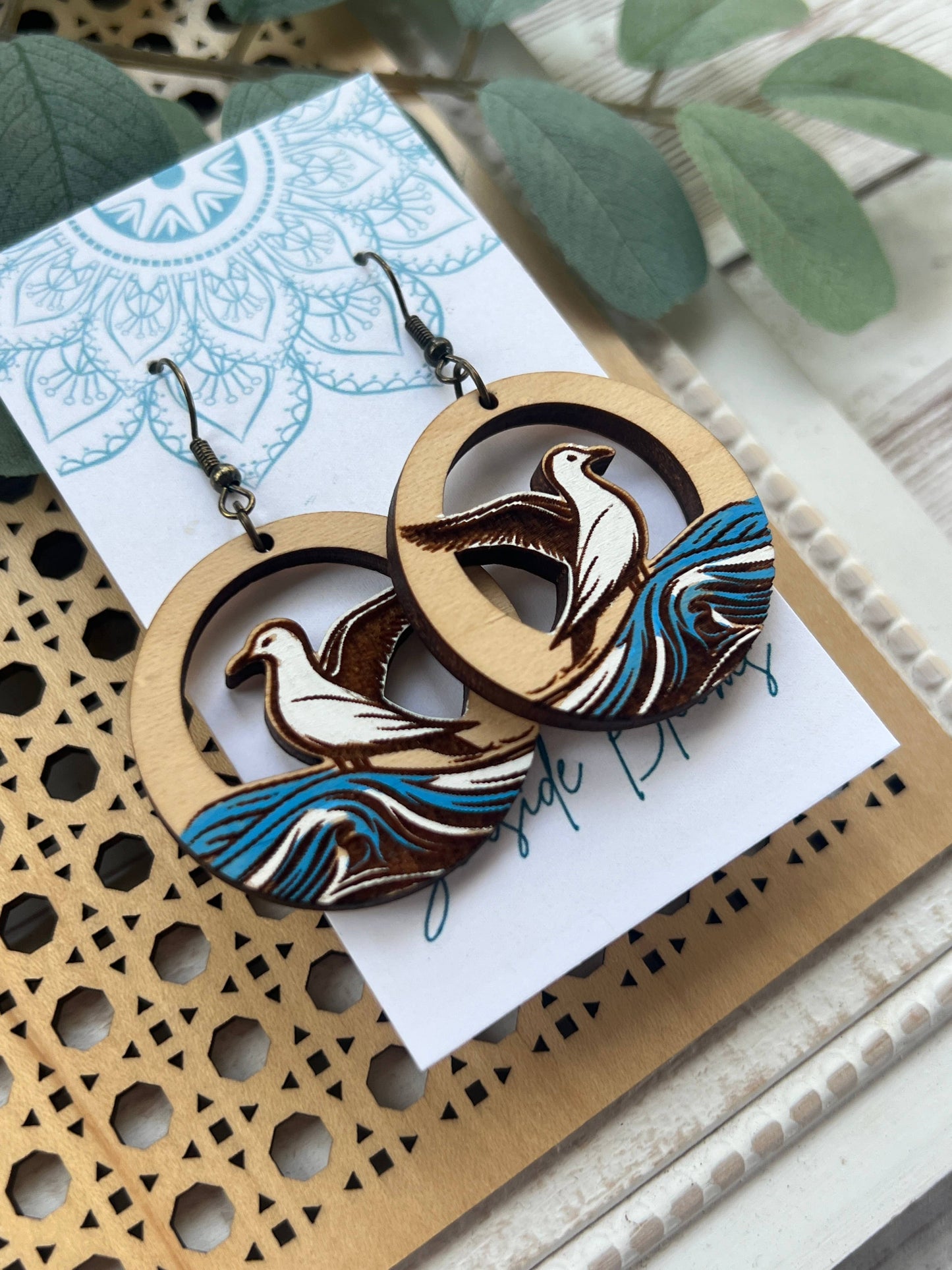 Boho seagull hand painted lightweight maple wood earrings  