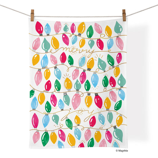 Merry Joy Lights Cotton Tea Towel | Holiday Hostess Gift