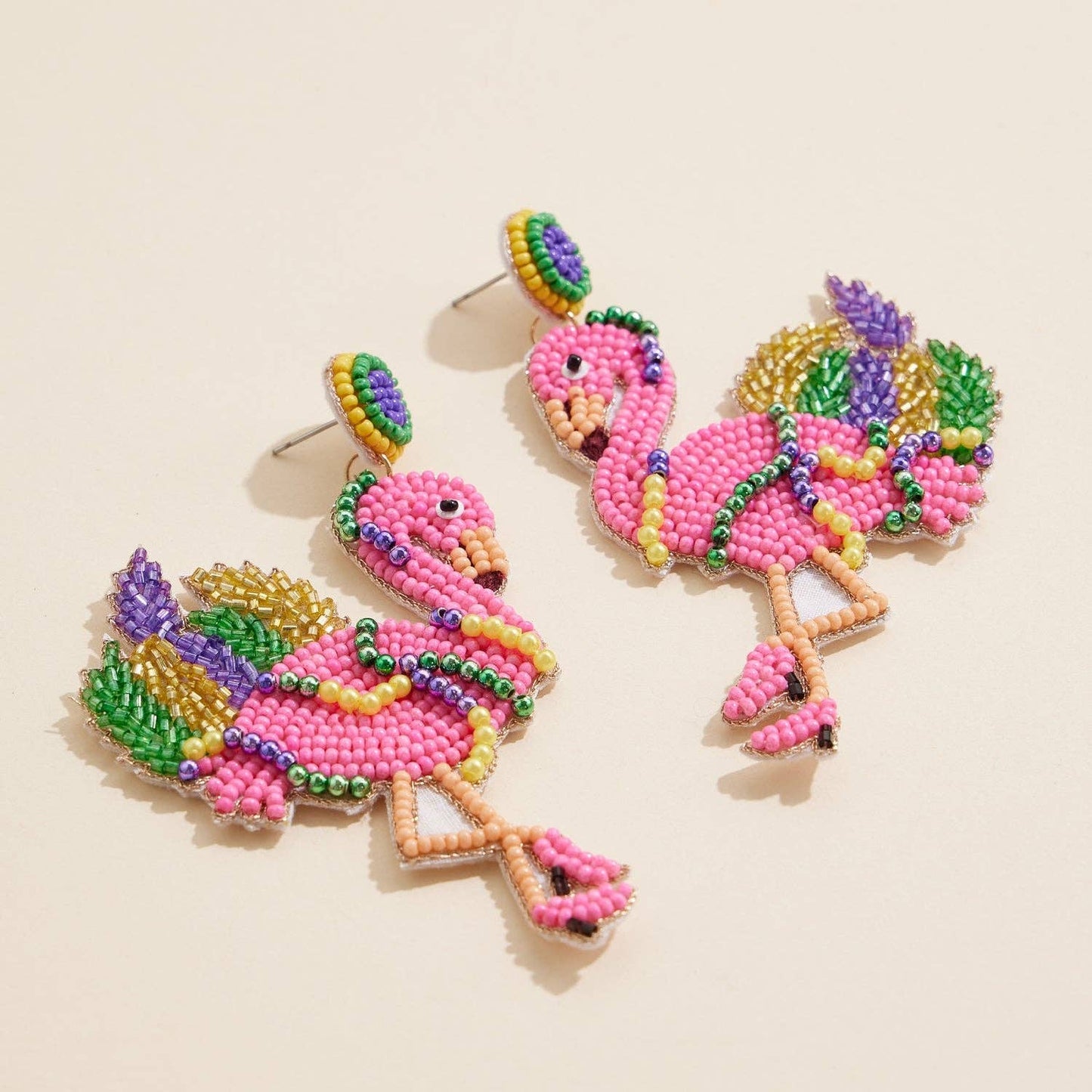 Mardi Gras Flamingo Beaded Earrings