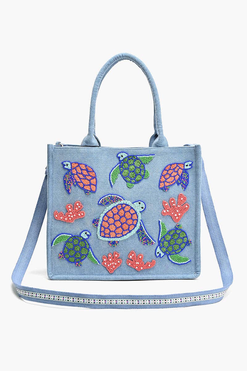 Beaded Denim Critter Shopper-Totally Turtle