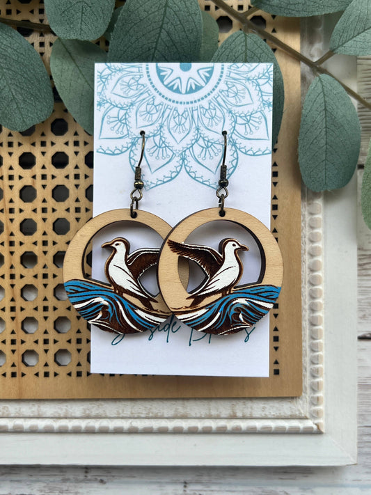 Boho seagull hand painted lightweight maple wood earrings  