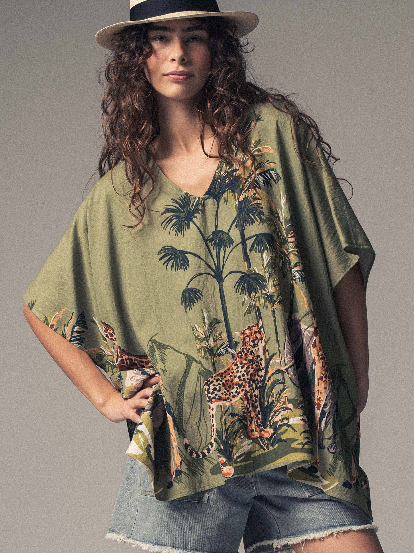 Safari Print V-Neck Poncho