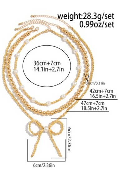 MULTILAYER BALL CHAIN BEAD PEARL BOW NECKLACE