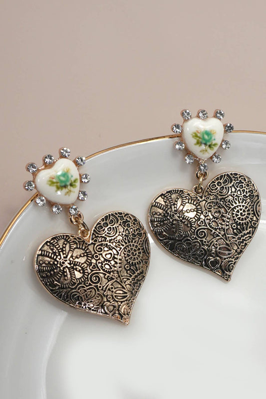 VINTAGE PORCELAIN FLOWER HEART DROP EARRINGS