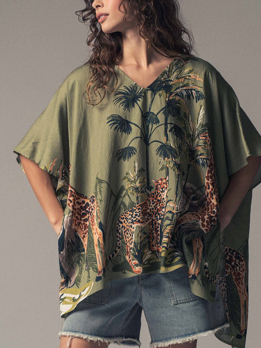 Safari Print V-Neck Poncho