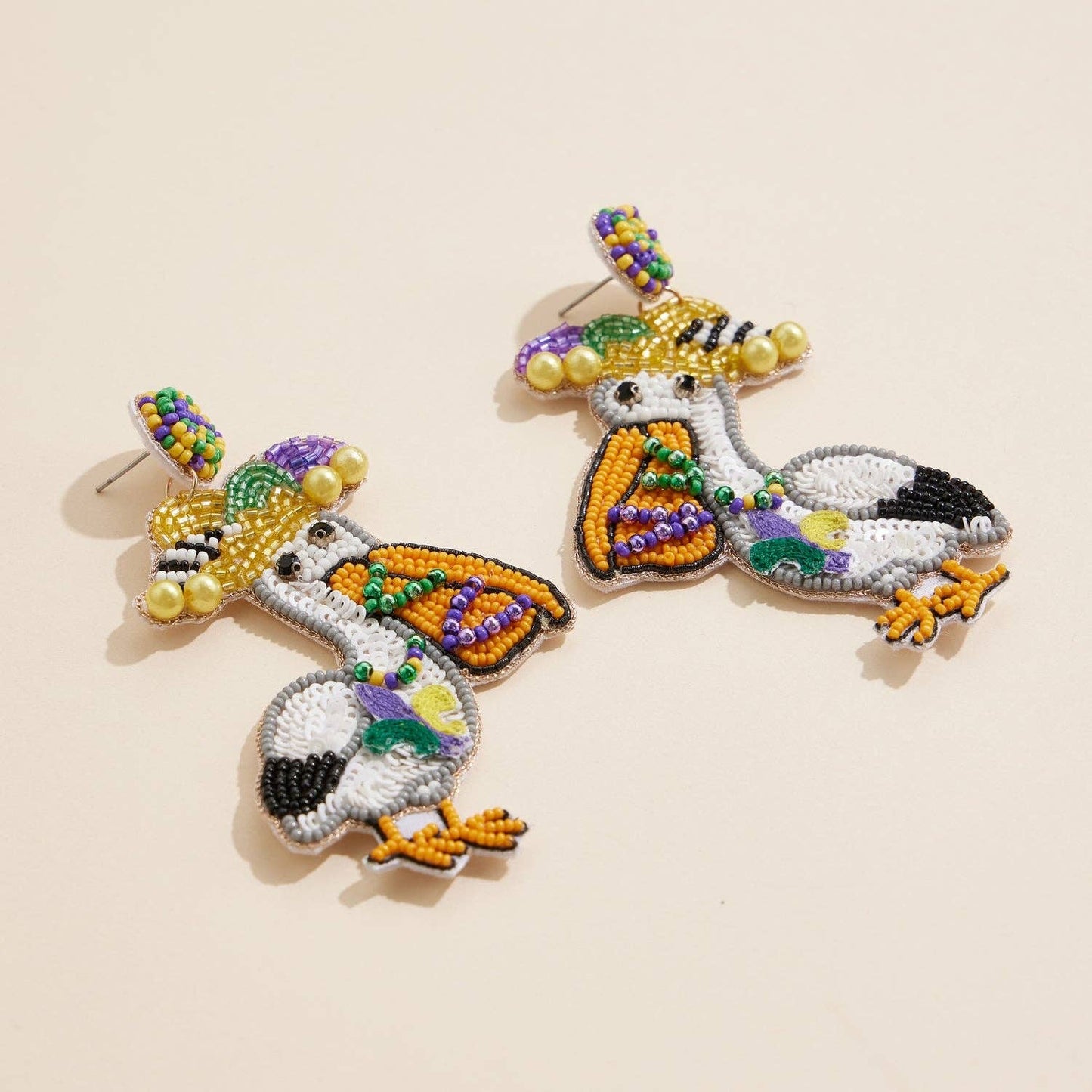 Mardi Gras Pelican Beaded Earrings