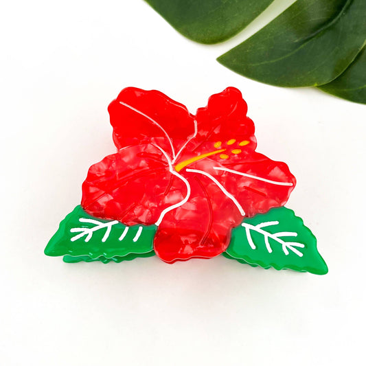 Hibiscus Flower Hair Claw Clip, Red Acetate Floral Hair Clip