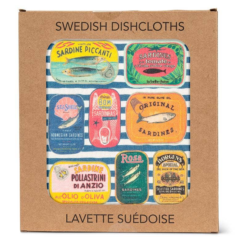 Sardine Tins on Stripes Dishcloth