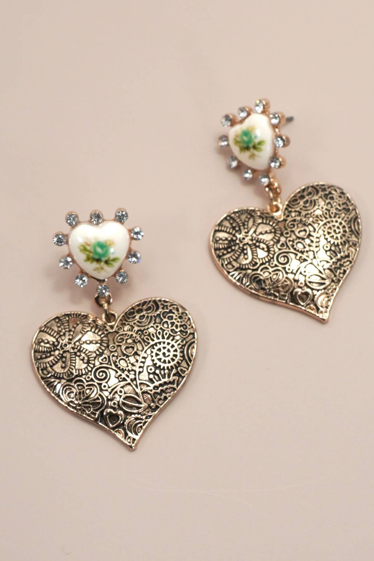 VINTAGE PORCELAIN FLOWER HEART DROP EARRINGS