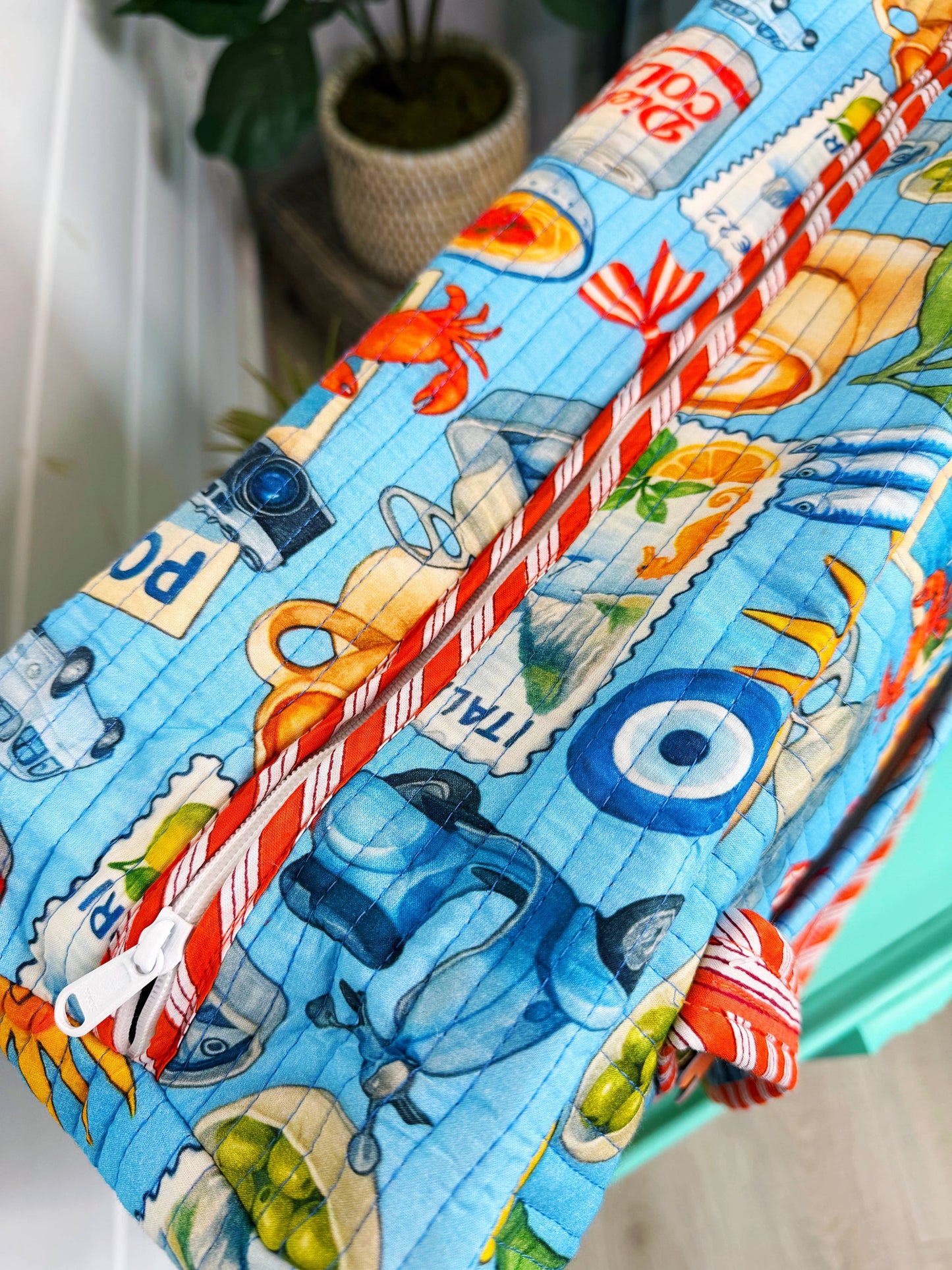 Blue Italian Getaway Handmade Quilted Weekender Duffle Bag