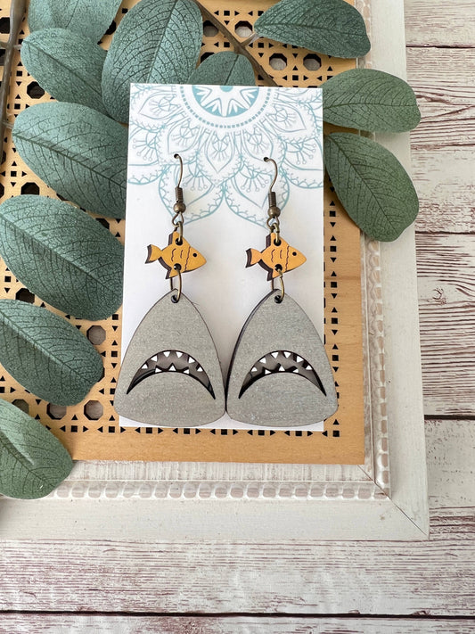 Shark Hand painted lightweight maple wood hoop earrings  