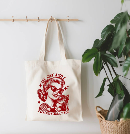 My Cat And I Talk About You Small Canvas Tote Bag