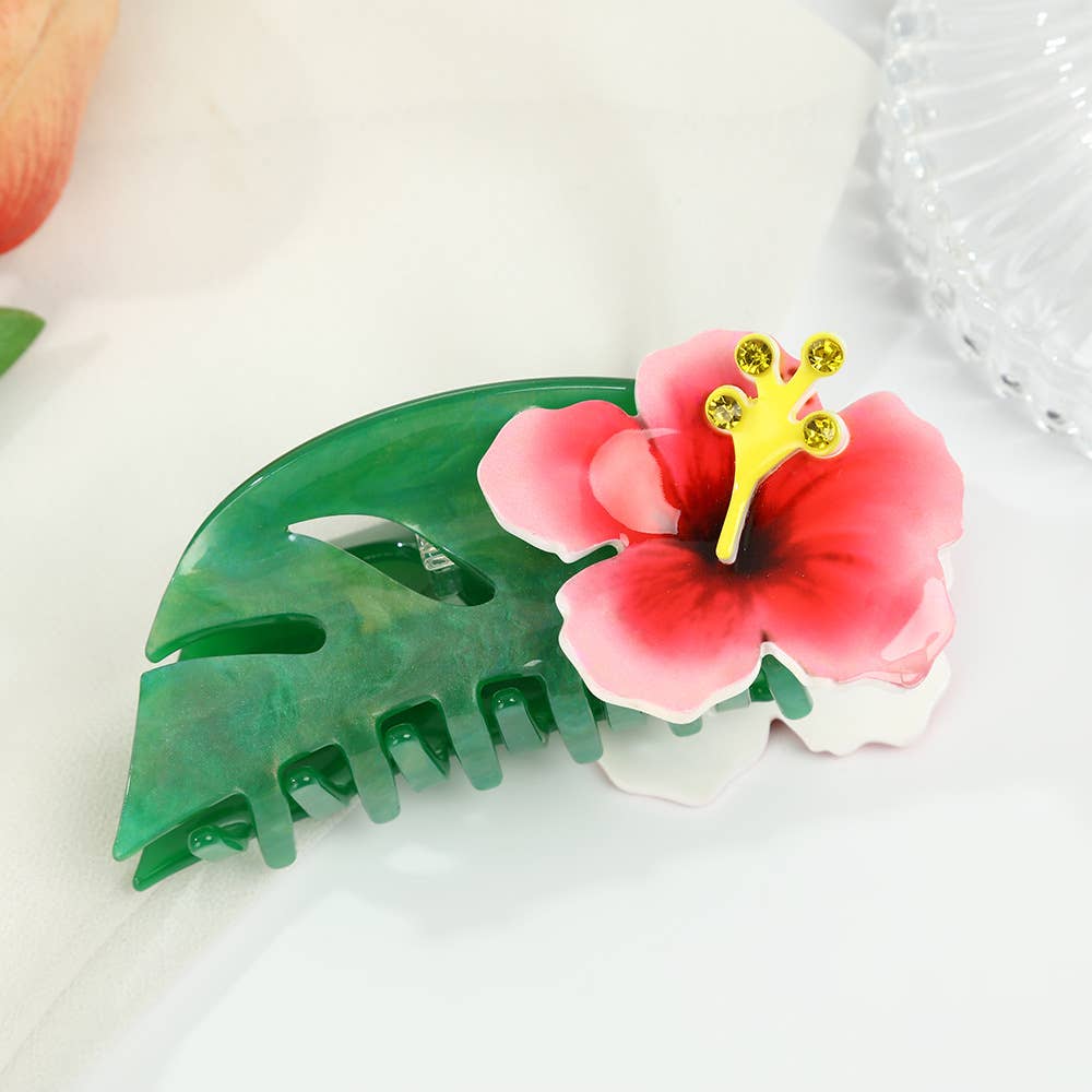 Hibiscus-Embellished Monstera Green Leaf Hair Clip,
