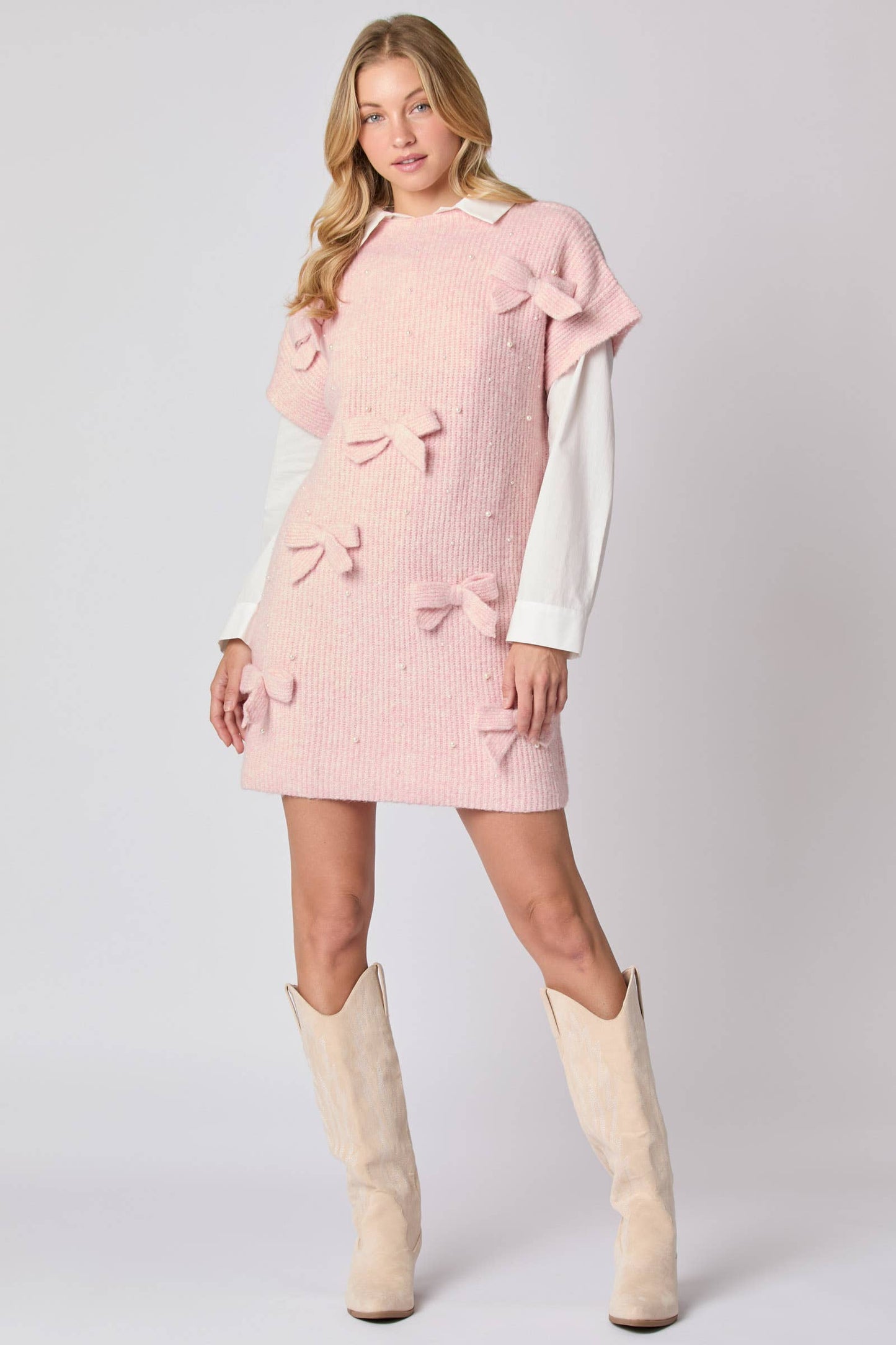 Bow & Pearl Embellished Detail Sweater Dress