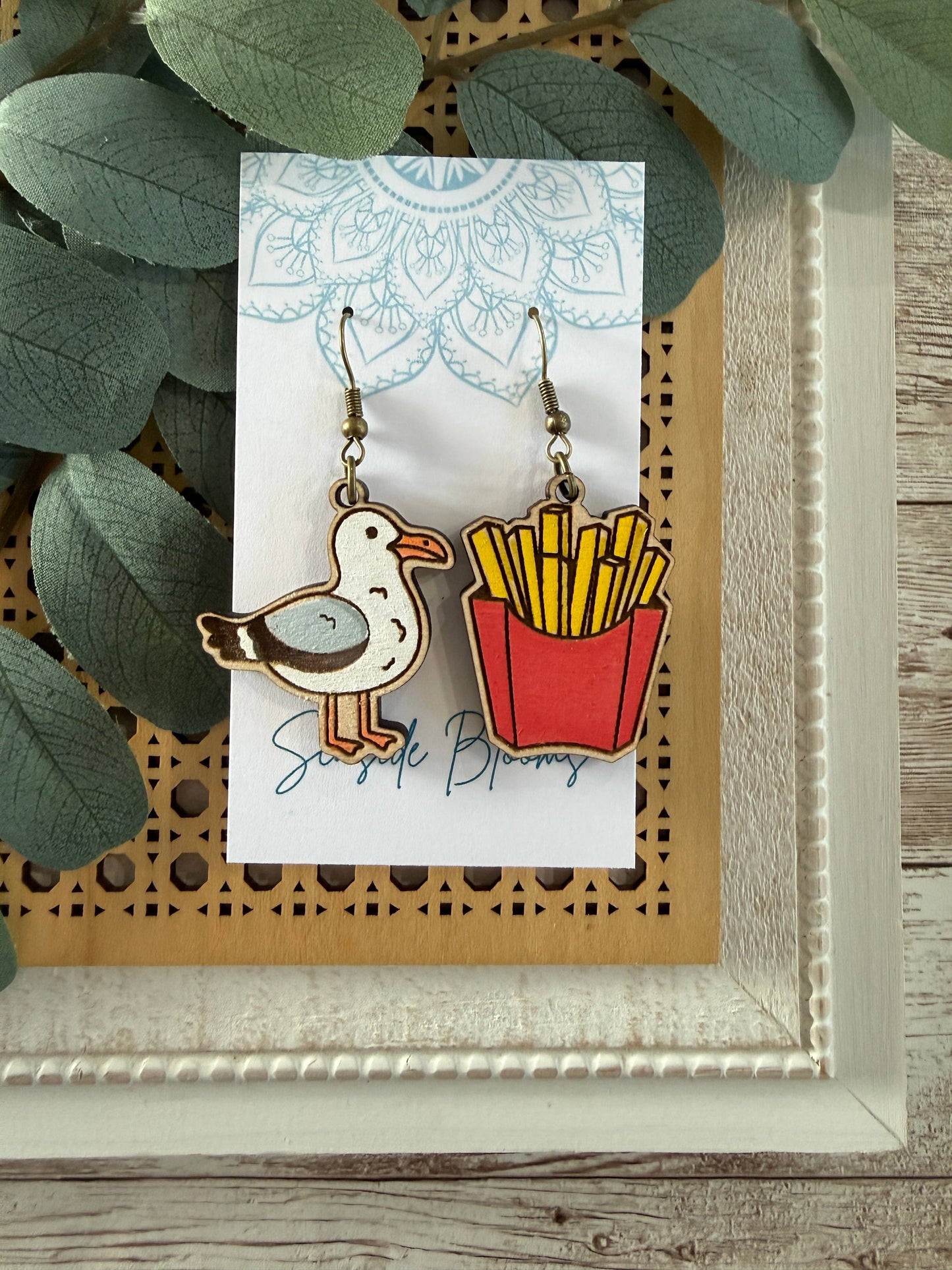 Boho beach  Hand painted lightweight maple wood earring 