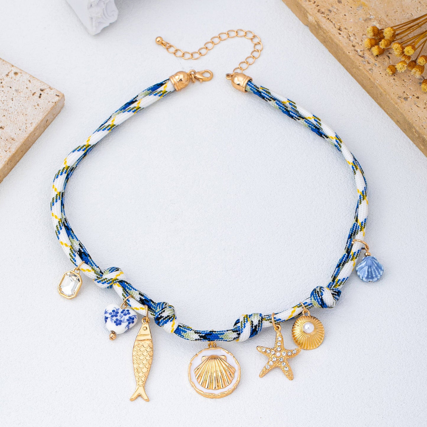 ROPE CHARM NECKLACE-STARFISH SEASHELL CLOISONNE