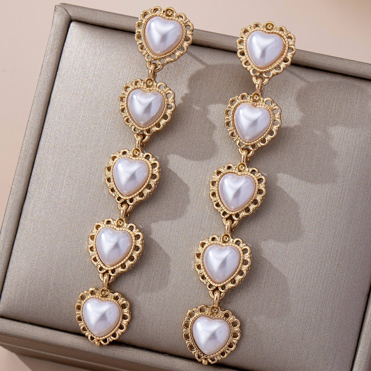 Pearl Heart Cascade Drop Earrings