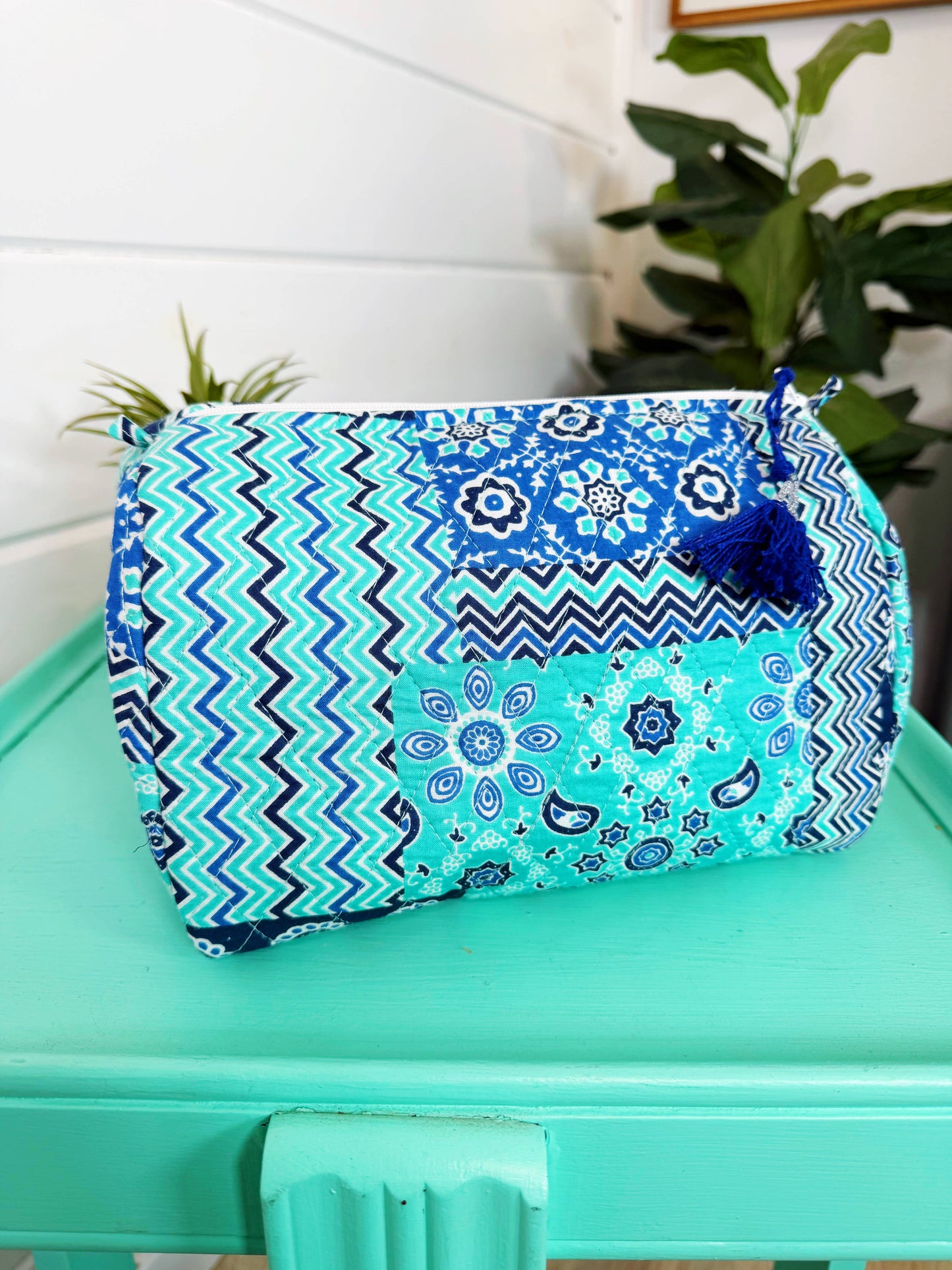 Blue Patchwork Makeup Bag