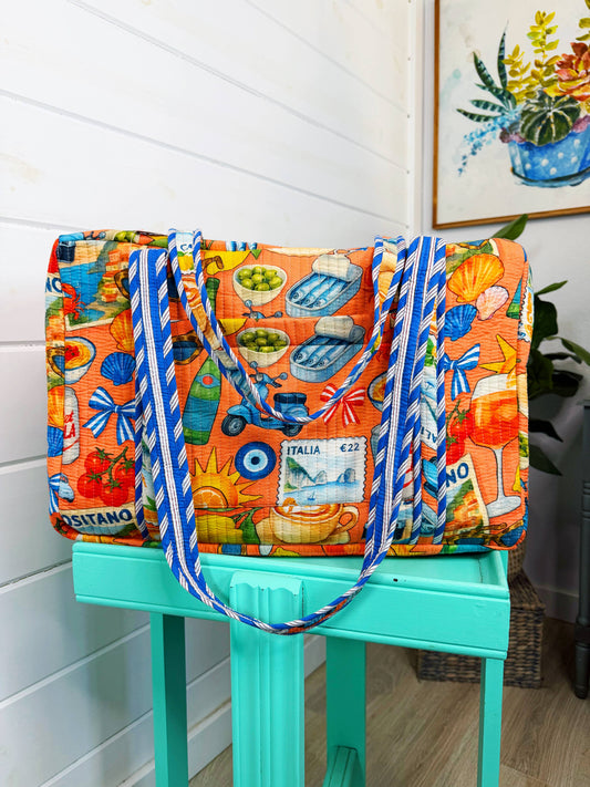 Orange Italian Getaway Quilted Weekender Duffle Bag