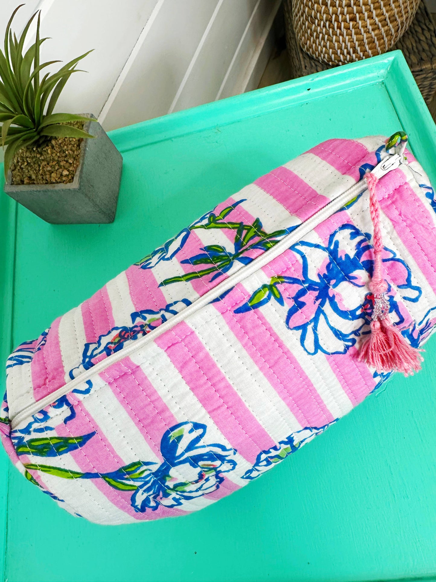 Peony Pink Stripe Quilted Cosmetic Bag
