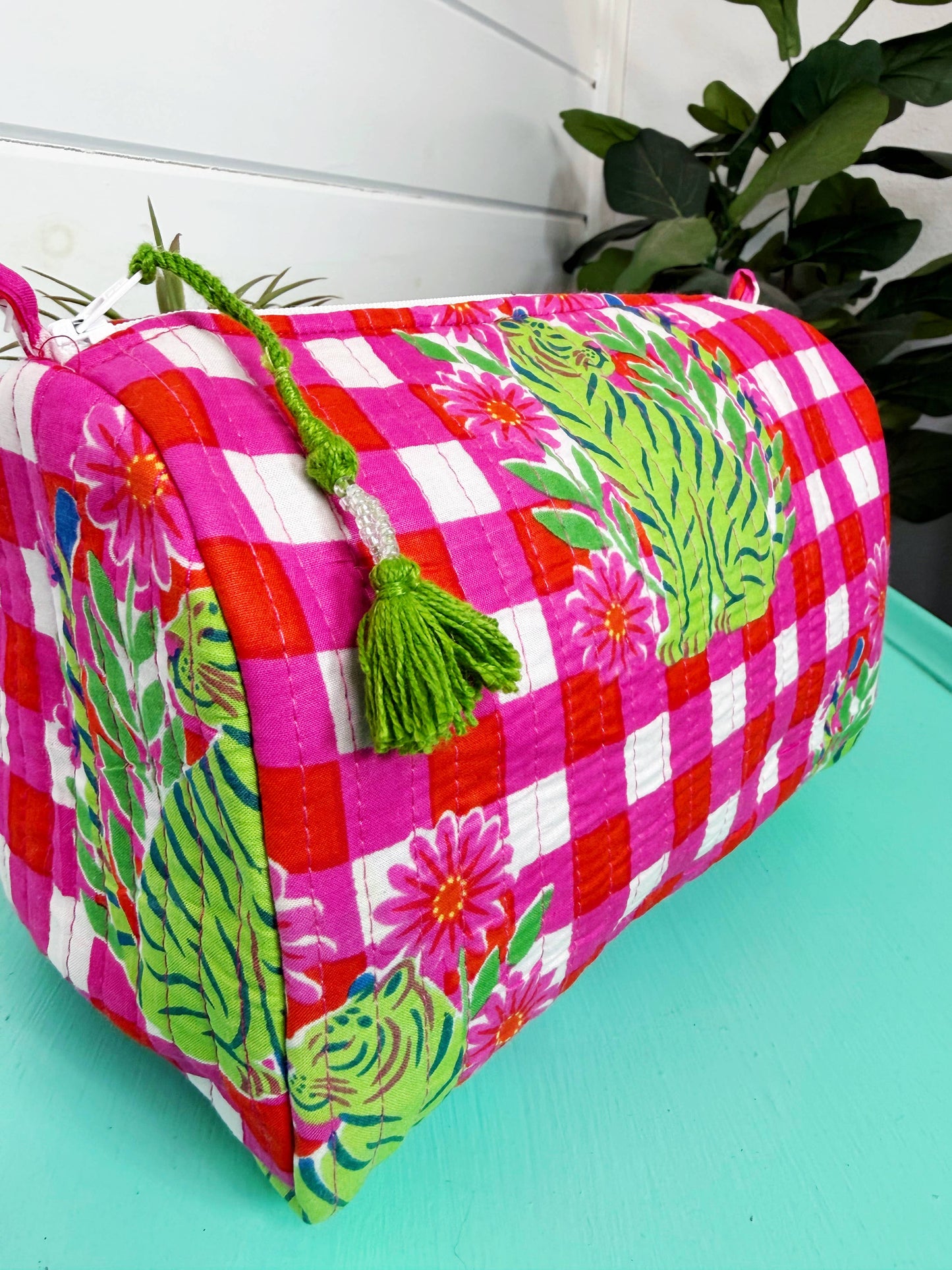 Pink Checkered Tiger Makeup Bag